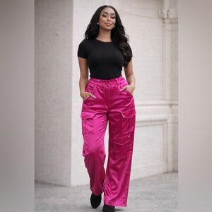 Women's Pink Satin Cargo Pants Size 36